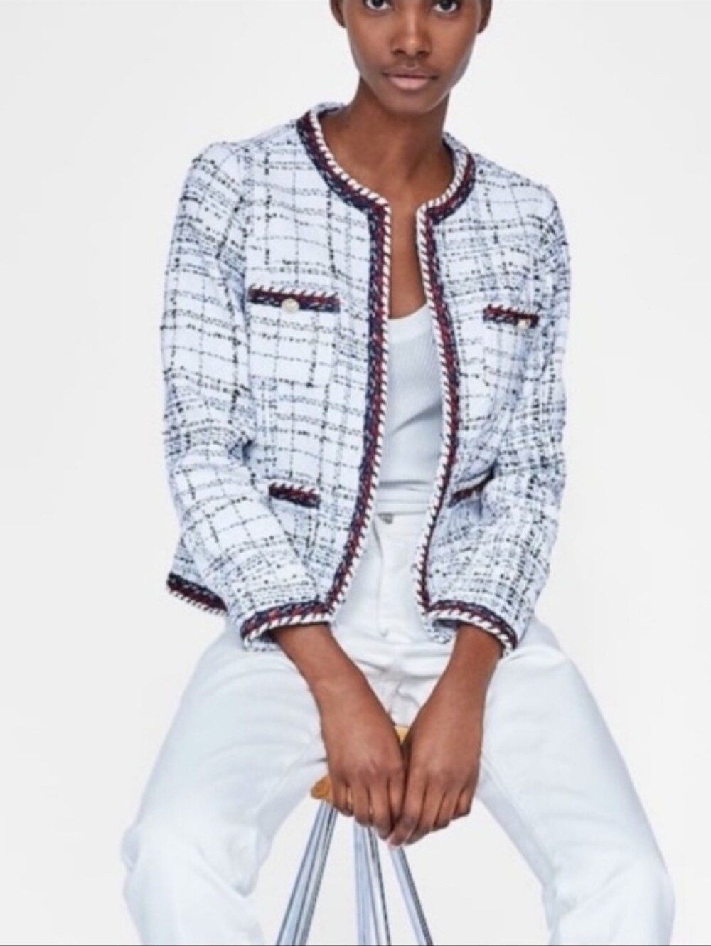 Zara textured tweed collarless jacket size M